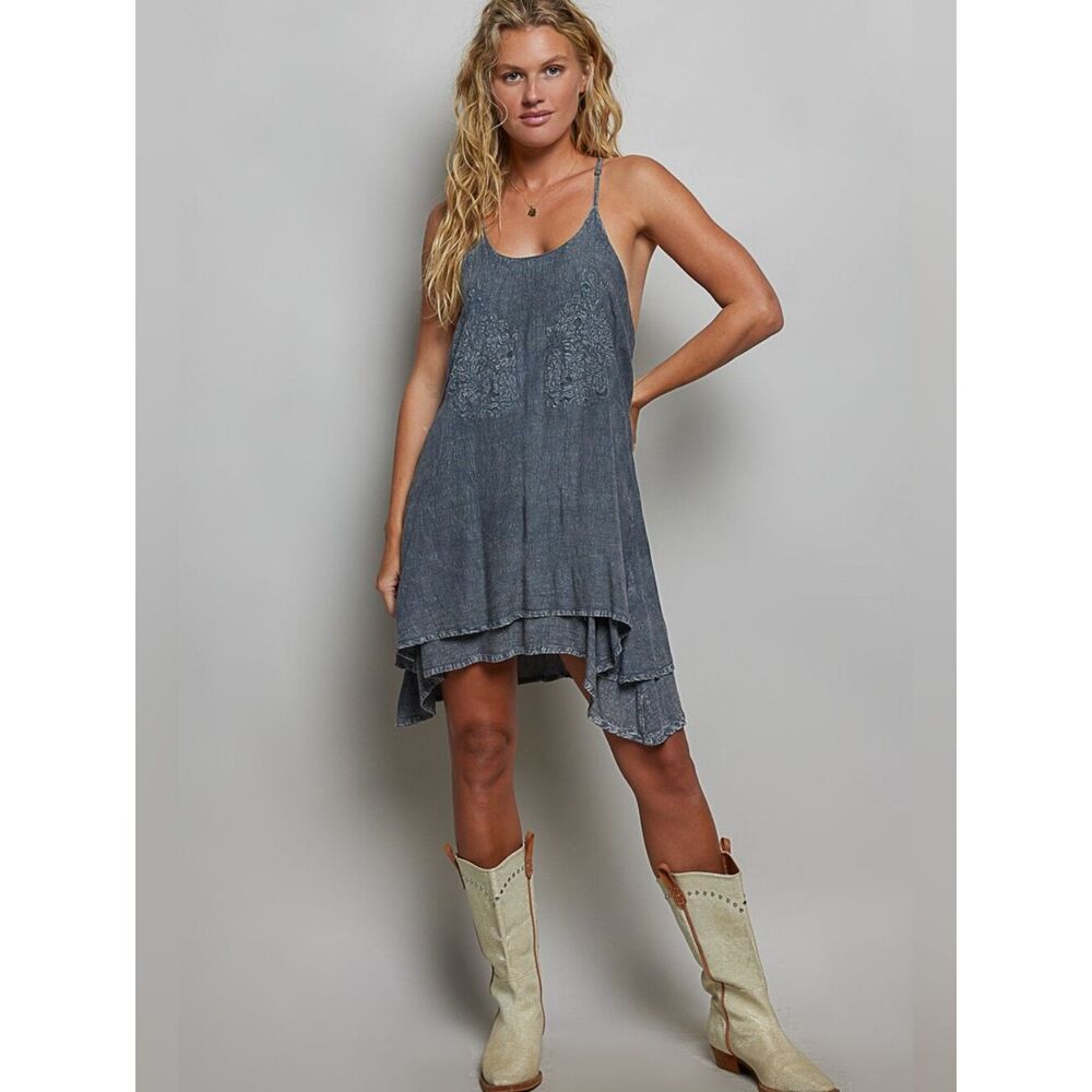 POL Embroidered Adjustable Strap Mini Washed Slate Blue Layered Blue Dress sz Me